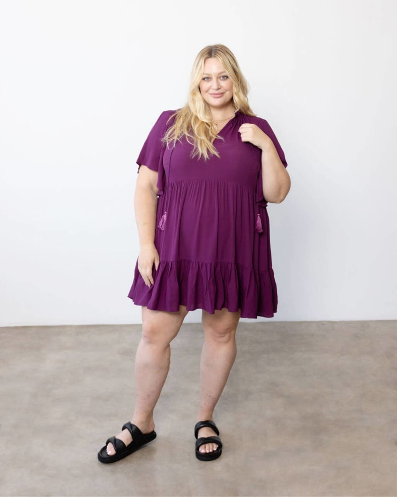 Front of a model wearing a size 5 Jamie Play Dress in Dark Berry by Dani Marie. | dia_product_style_image_id:312334